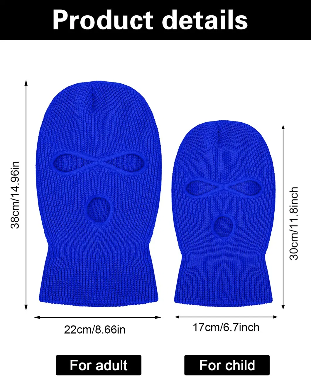 Royal Blue 3-Hole Knitted Full Face Cover Ski Mask, Winter Balaclava Warm Knit Full Face Mask for Outdoor Sports